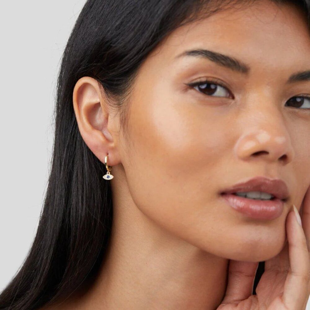 🧿 Blue Stone Evil Eye Huggie Hoop Earrings 🧿 - Picture 3 of 9